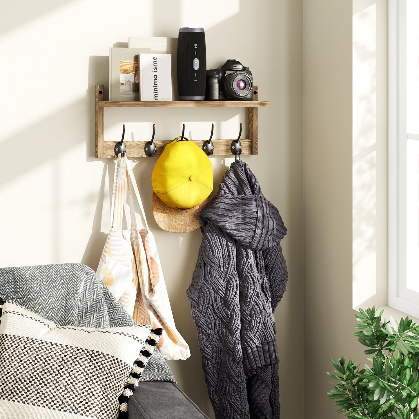 AMBIRD Wall Hooks with Shelf Entryway Wall-Mounted Shelf Wooden Coat Hook Rack Featuring 5 Dual Hooks for Bathroom, Living Room, Bedroom