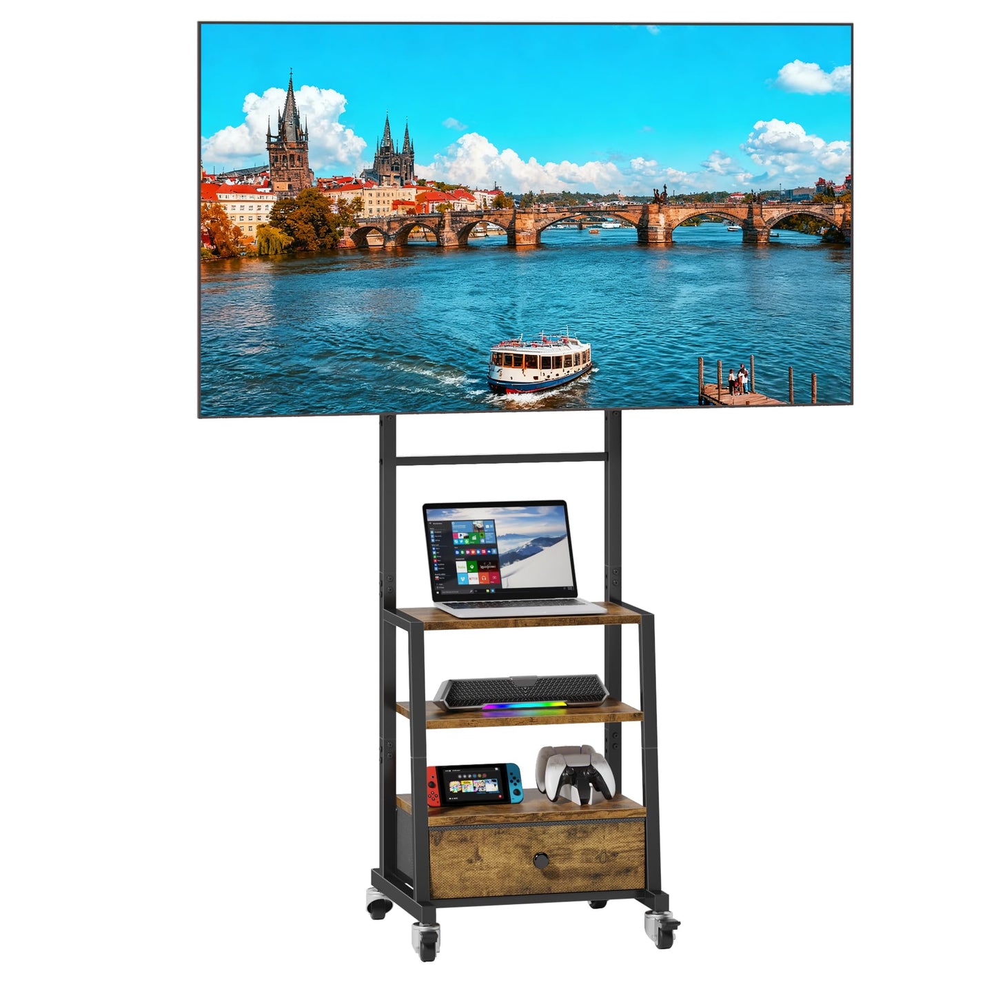 OYRREU Rolling TV Stand on Wheels with Mount and Storage Fabric Drawer for 32-55 Inches TV, Adjustable Height Floor TV Stand for Livingroom, Bedroom,