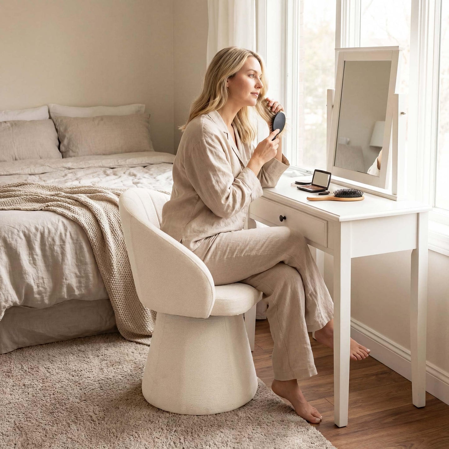 younturn Swivel Chenille Vanity Chair, Modern Upholstered Dressing Table Chair with Armrests, Accent chair with Armrests for Bedroom, Living Room