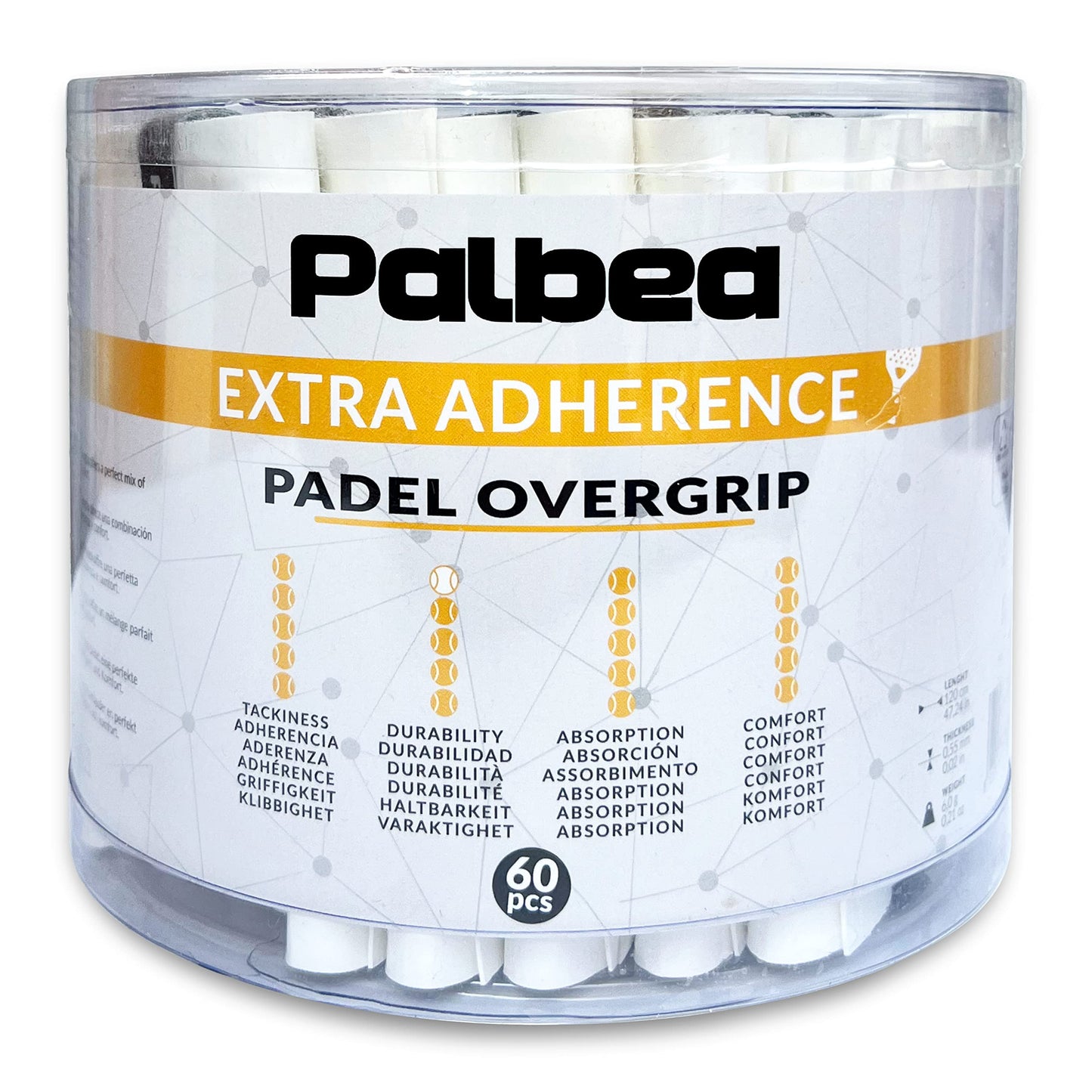 Palbea Padel OverGrip in White - Extra Tacky - Pack of 60 - Superior Sweat Absorption - Non-Slip Grip Tape for Padel & Tennis Rackets - Soft Feel -