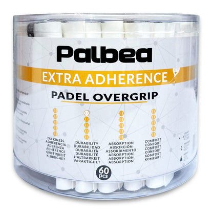 Palbea Padel OverGrip in White - Extra Tacky - Pack of 60 - Superior Sweat Absorption - Non-Slip Grip Tape for Padel & Tennis Rackets - Soft Feel -