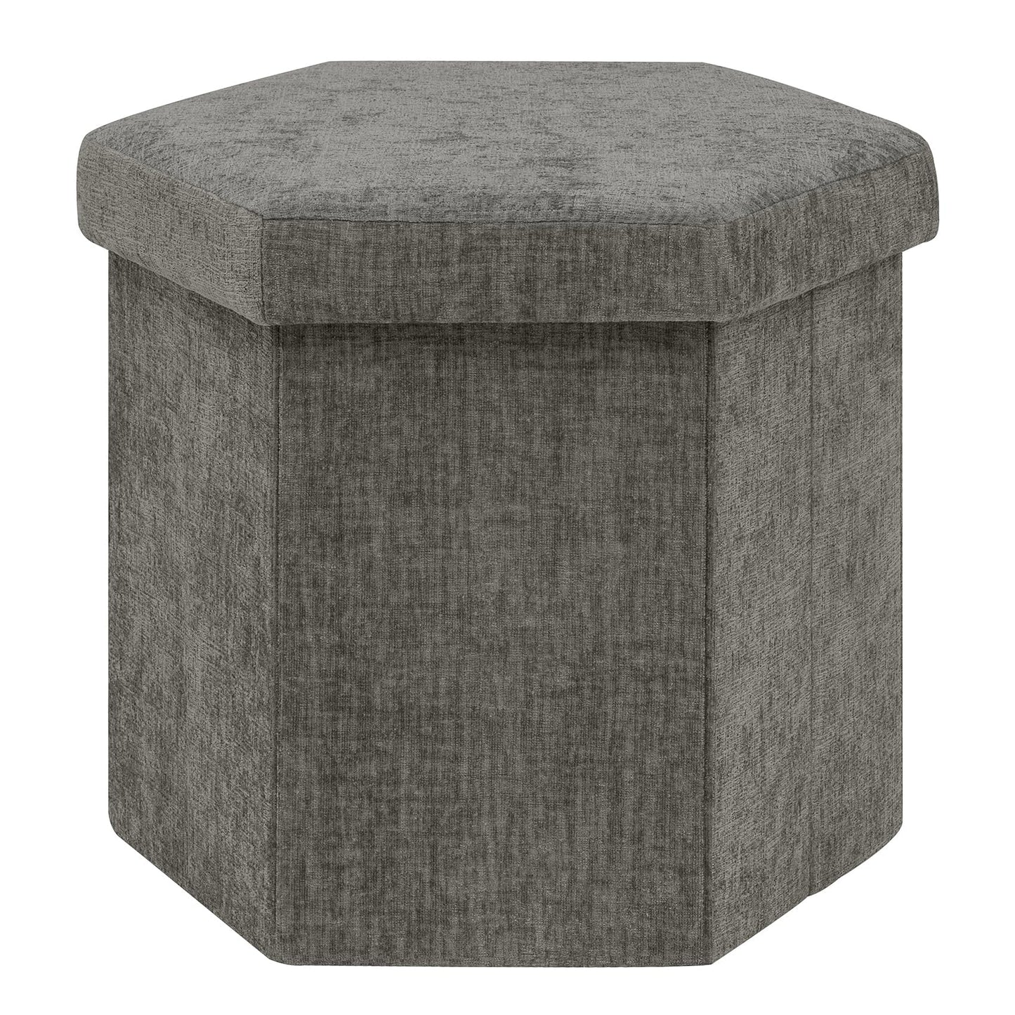 PINPLUS Chenille Ottoman Storage Box, Hexagonal Folding Stool, Grey