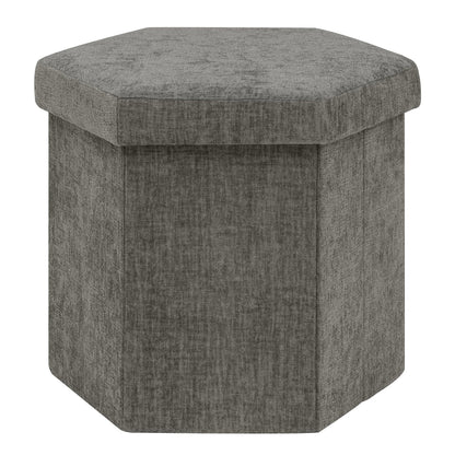 PINPLUS Chenille Ottoman Storage Box, Hexagonal Folding Stool, Grey