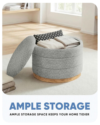 Bonlife Round Chenille Storage Ottoman, Folding Footstool with Table Top, 58x58x44cm, Load Capacity 150kg, for Living Room Bedroom Hallway