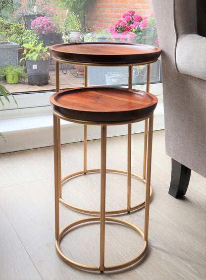 ASPECT Delphyne Wooden Round Nest Of 2 Tables With Metal Legs (Brown/Gold)