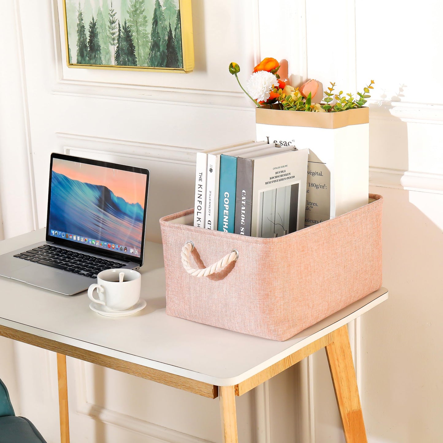 JUNLAI 3 Pcs Storage Baskets with Handles, Foldable Small Pink Storage Boxes, Fabric Wardrobe Storage Basket for Office & Home, Book, Clothes