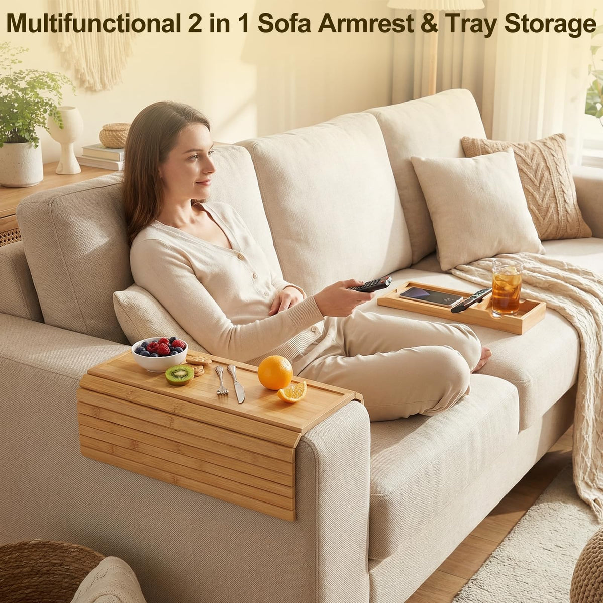 Bamboo Sofa Arm Tray, Foldable Table with Cup Holder and Remote Caddy