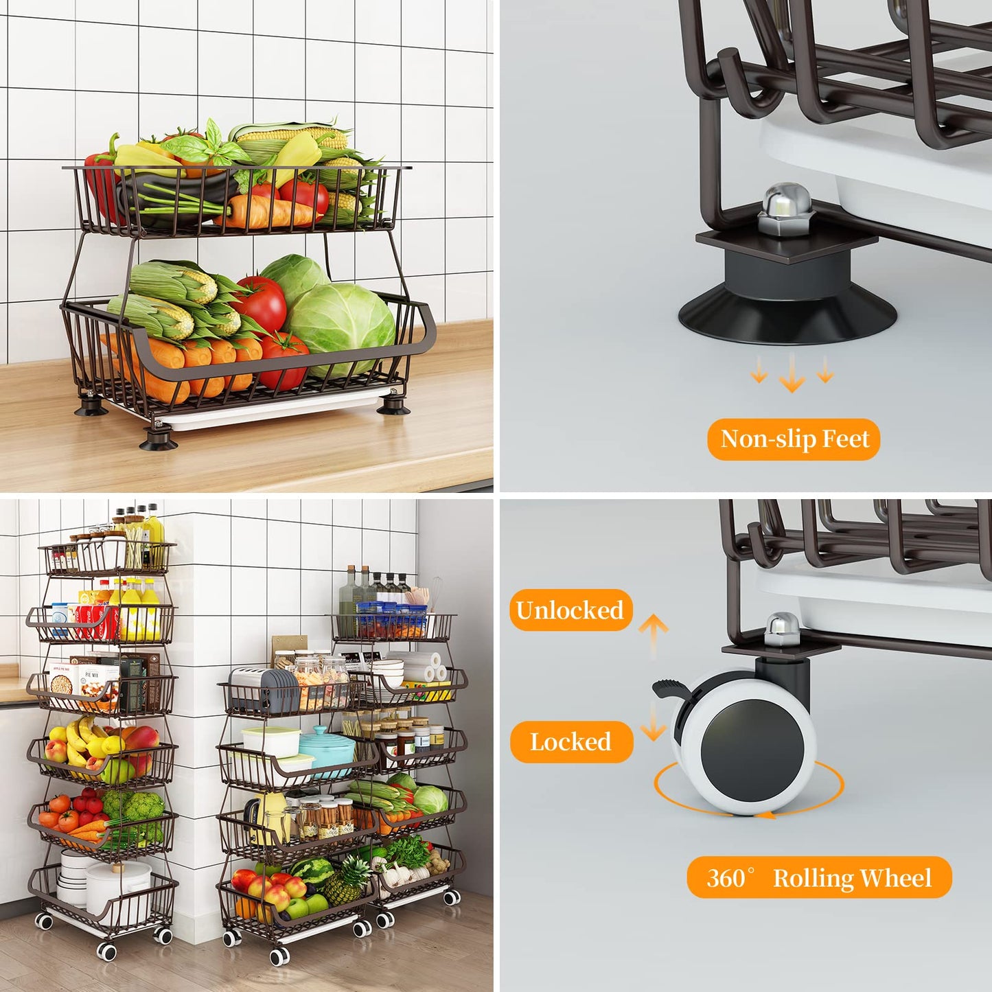 Fruit Vegetable Storage Basket for Kitchen - 4 tier Stackable Metal Wire Baskets Cart with Rolling Wheels Utility Fruits Rack Produce Snack Organizer