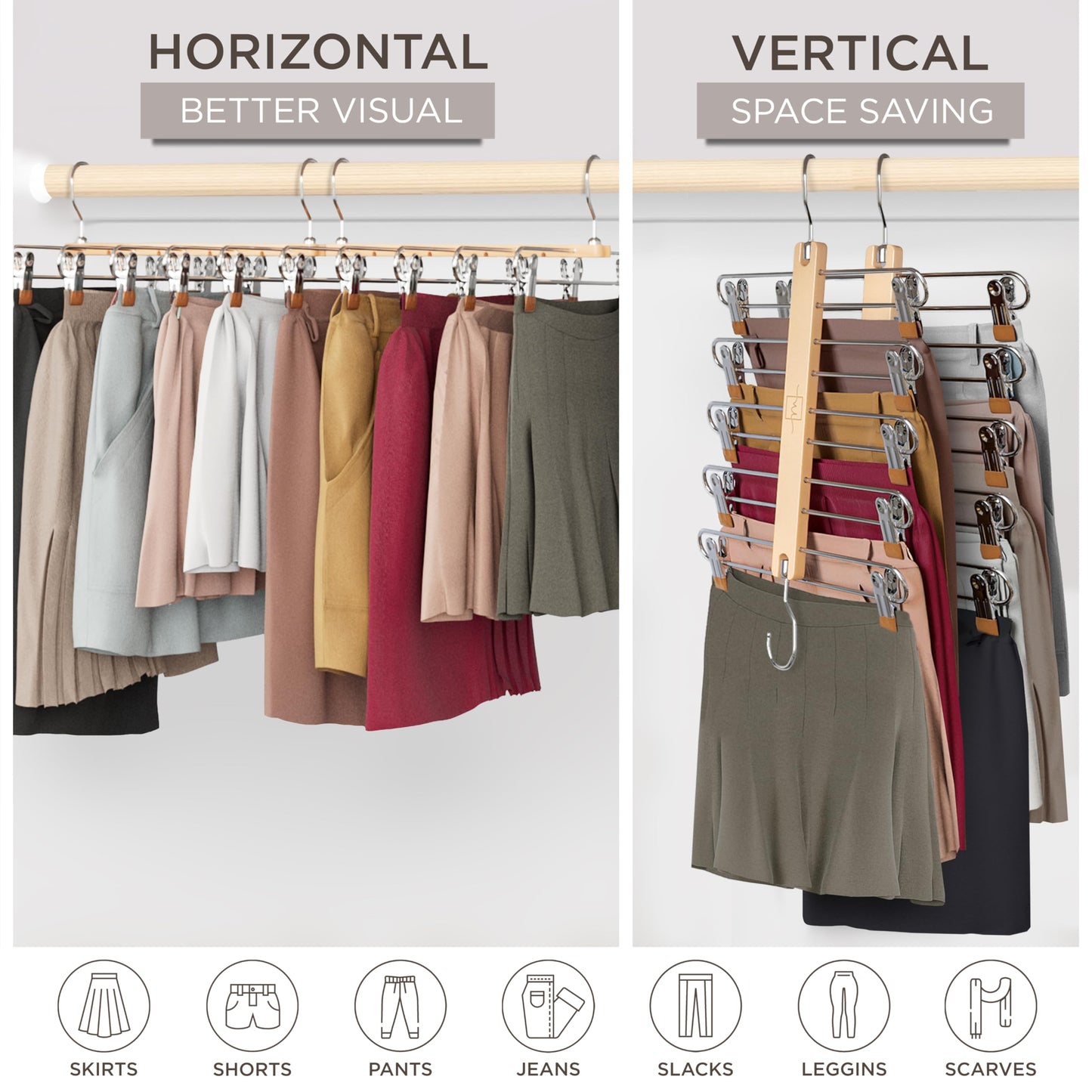 MORALVE Skirt Hangers Space Saving with Clips - 2 Pack - European Beechwood 5-Tier Hanger for Shorts, Skirts, and Trousers