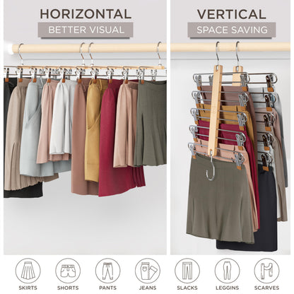MORALVE Skirt Hangers Space Saving with Clips - 2 Pack - European Beechwood 5-Tier Hanger for Shorts, Skirts, and Trousers