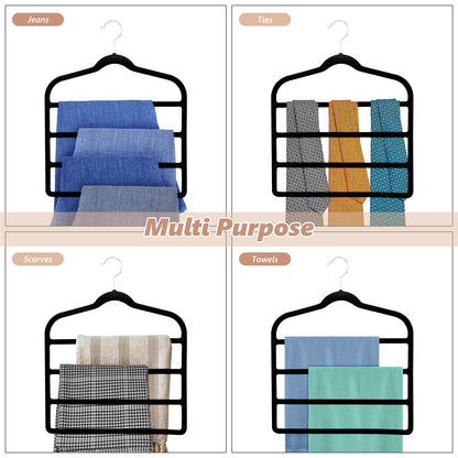 3 Pack Velvet Trouser Hangers - Space Saving, Non Slip for Jeans, Trousers, Leggings, Tie, Scarf and Towel - Multi Layer Pants Hanger for Clothes