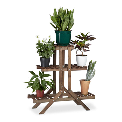 Relaxdays Flower Ladder Rack with 3 Tiers, Wooden, Flower Stand for Indoors, Multi-Tier, HxWxD: ca 82.5 x 83 x 28.5 cm, Dark Brown
