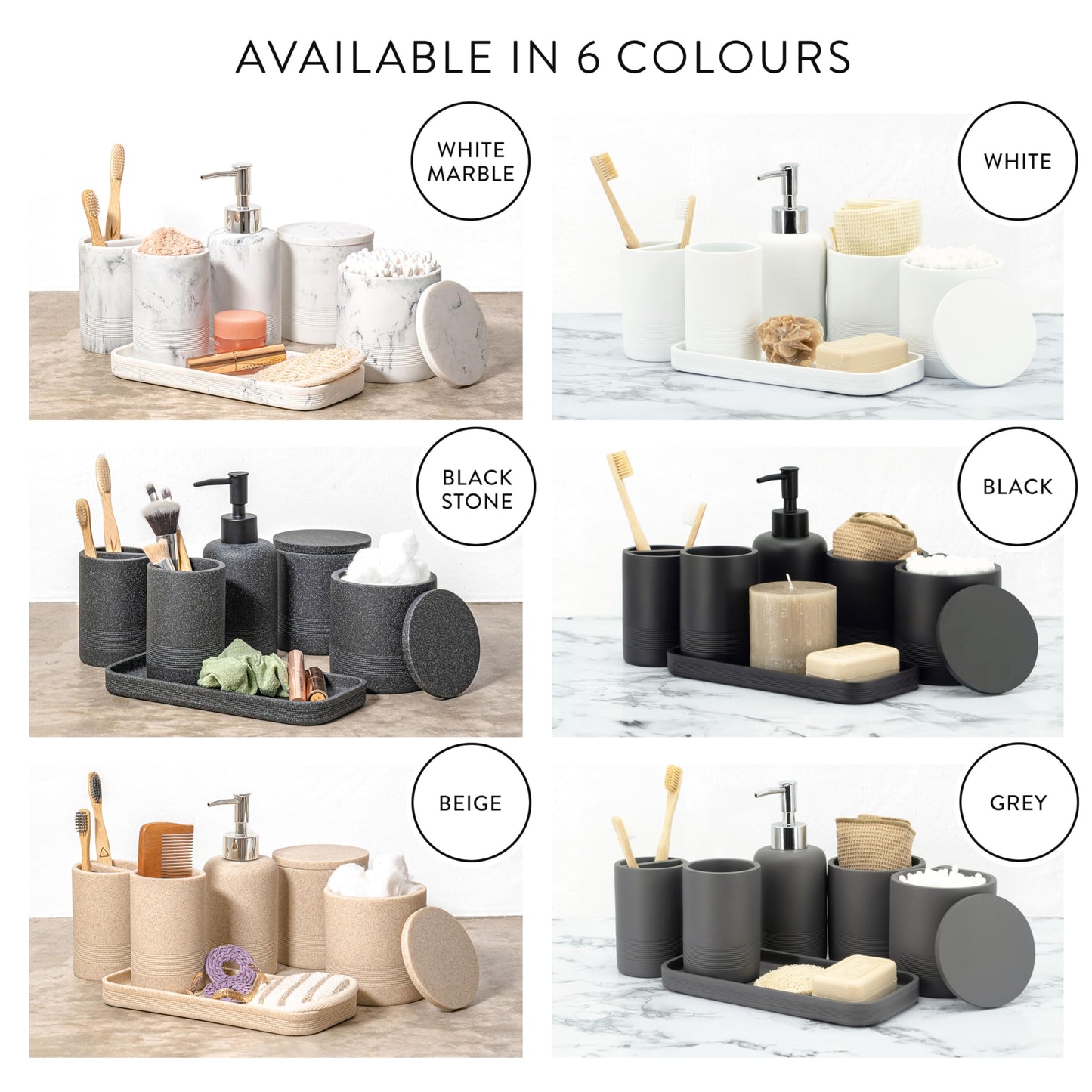 zccz- grey Bathroom Accessory Set 6 Pieces - Bathroom Organiser with Tootbrush Holder, Lotion Soap Dispenser, Vanity Tray and 2 Qtip Holders - Modern