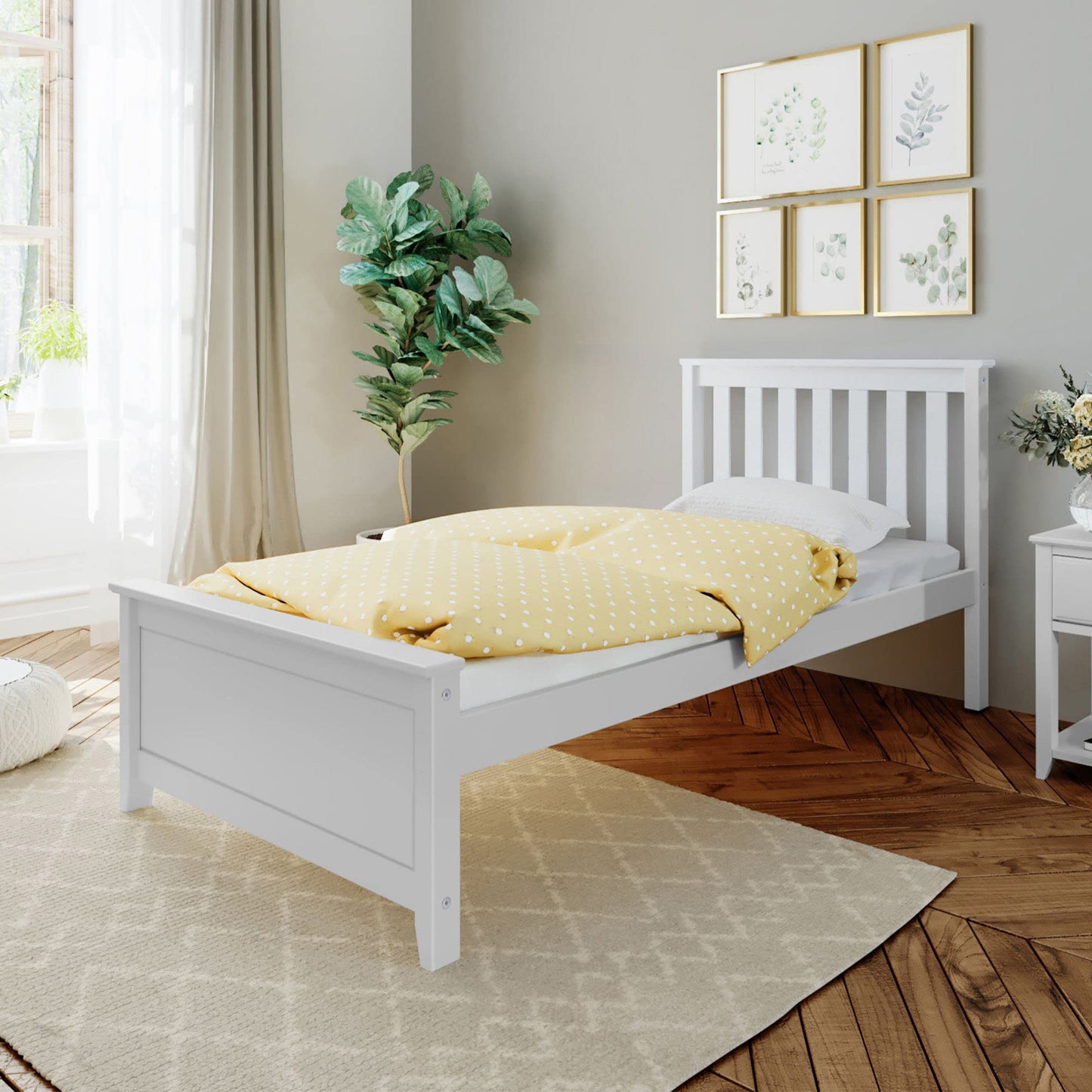 Max and Lily Single Bed, Wood Bed Frame with Headboard For Kids, Slatted, White
