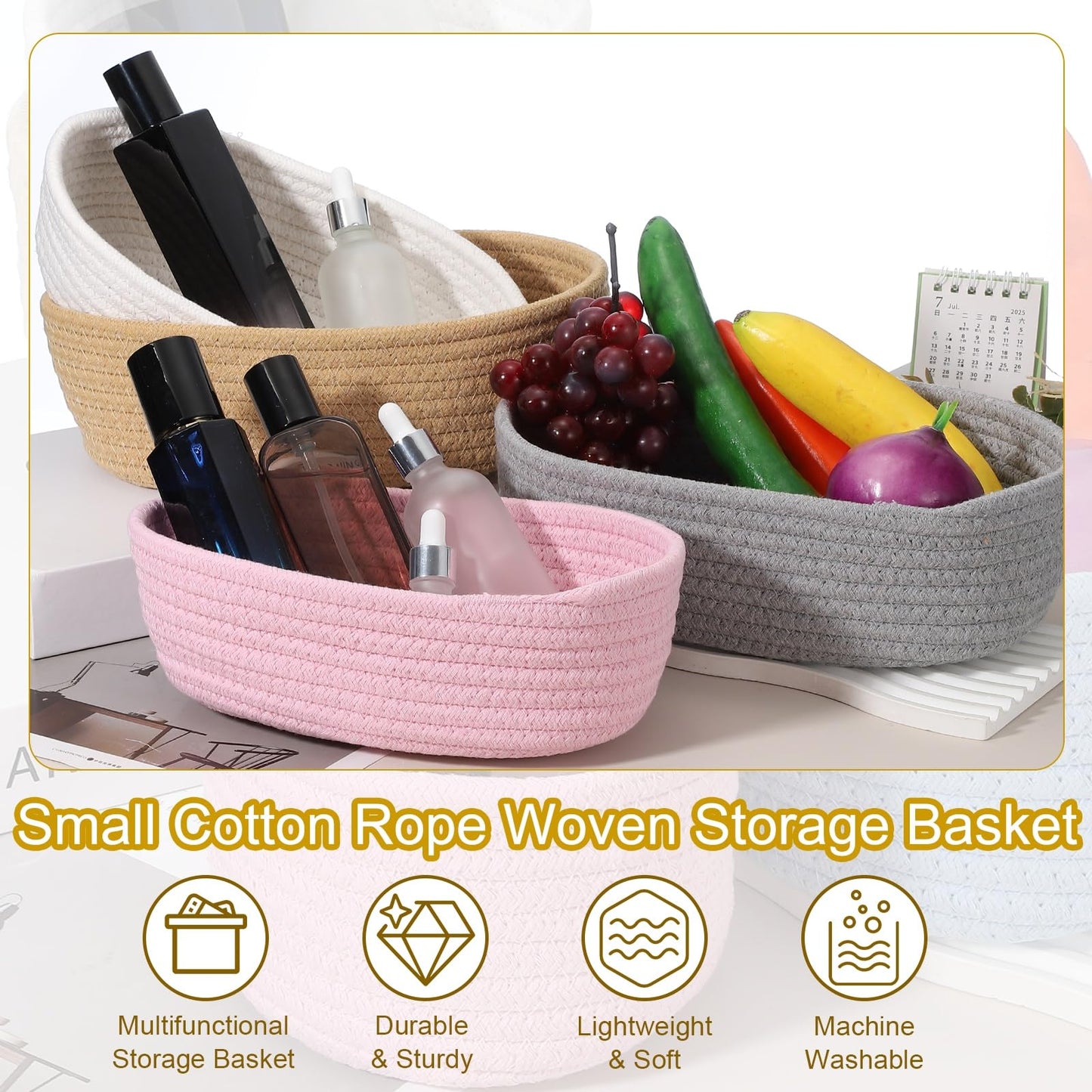 sourcing map Yellow Small Cotton Rope Woven Storage Basket, Shelf Closet Storage Gift Woven Baskets Cute Nursery Box Bin Decor Organization Bin for