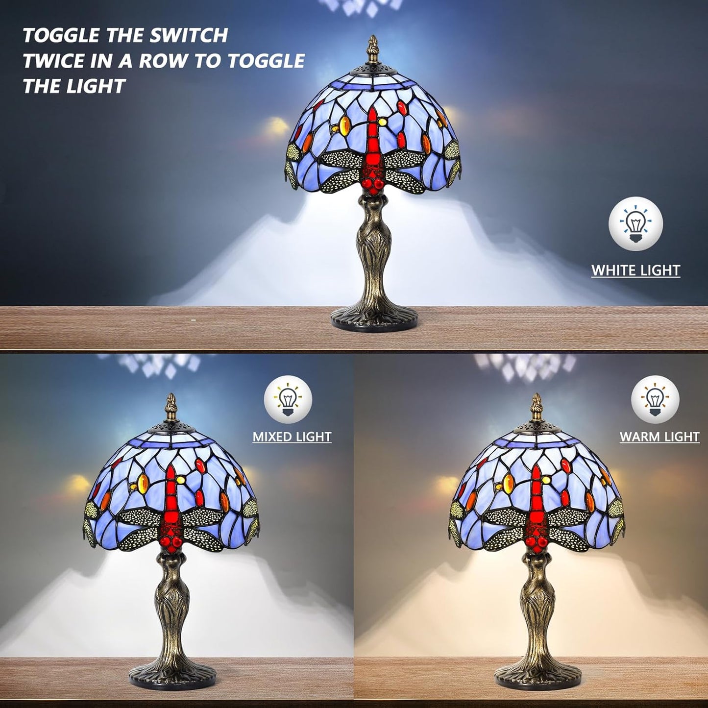 MIAOKE Table Lamp Stained Glass Crystal Bead Style Table Light, Handmade Desk Bedside Table Night Lamp, Antique Art Craft Gifts Lover Kid Living Room Bedroom Study Bookcase Desk Ligh(Blue Dragonfly)