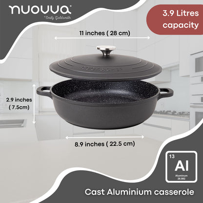 Non-Stick Aluminium Pot with Lid  Sturdy Shallow Dutch Oven  Casserole Pot with Ergonomic Handles  3.9L, 28cm Oven Safe Cooking Pot  by Nuovva
