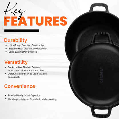 KICHLY 4.7L/5.0 Quart Pre Seasoned Cast Iron Pan, Dutch Oven with Lid, Dual Function Griddle Pan, 10.6 Inch (27 cm), Casted Pot with lid, Casserole