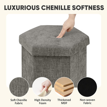 PINPLUS Chenille Ottoman Storage Box, Hexagonal Folding Stool, Grey