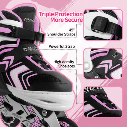 Nattork Roller Skates for Girls with Full Light up Wheels, Adjustable Beginner Inline Skates for Youth, Pink Ages 8-12