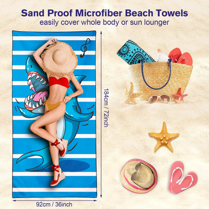 Violetpos Singing Shark Stripe Beach Towel, Extra Large 180x90 cm 250GSM Microfibre, Sand Free Quick Dry