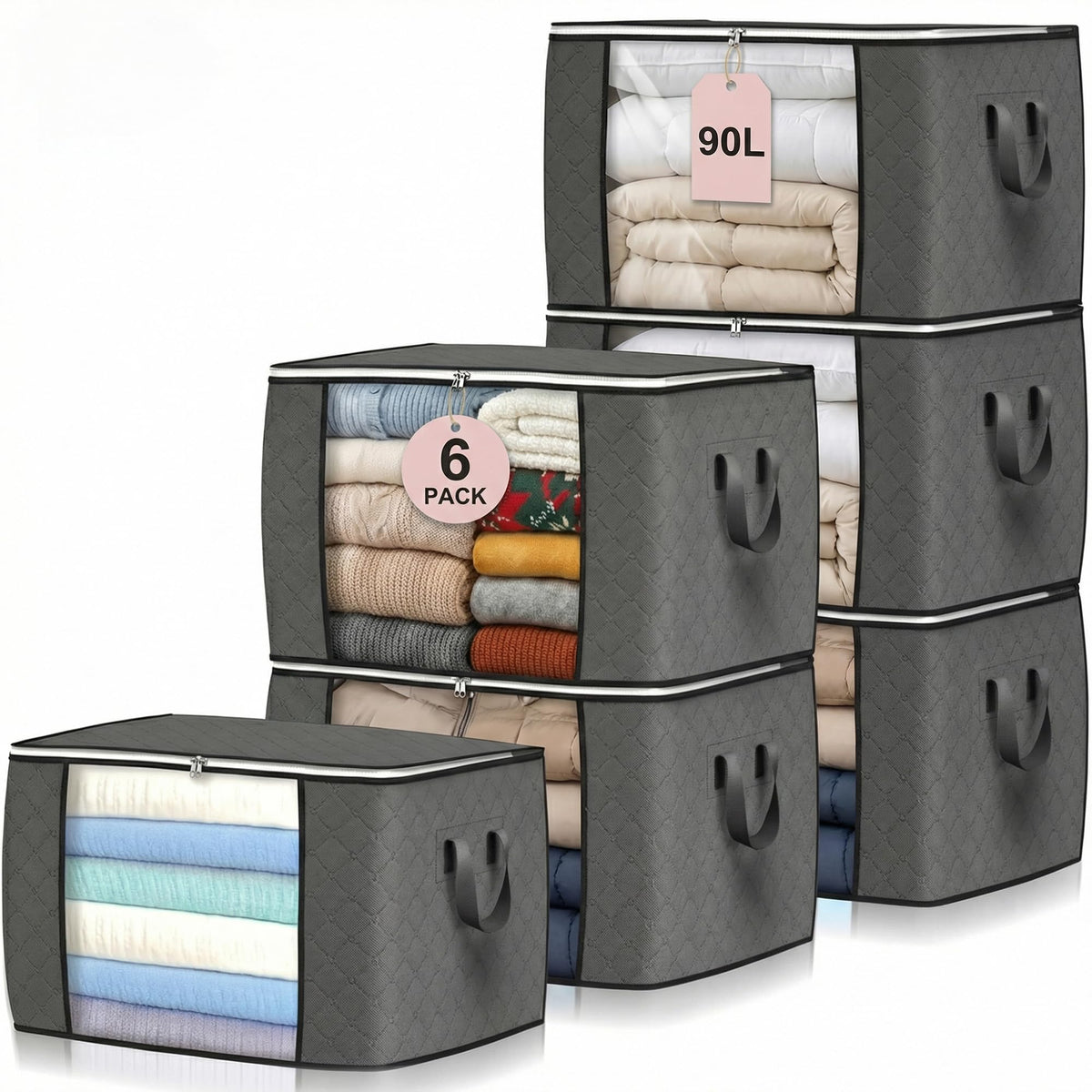 Budding Joy 90L Storage Bags, Large Clothes Storage Boxes with Zips Grey