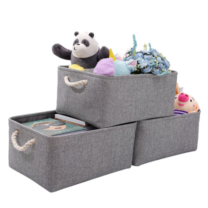 PWVMWM Small Grey Storage Box with Handles, 3 Pcs Thicken Canvas Storage Boxes, Wardrobe Storage Baskets, Collapsible Linen Storage Box for Toys