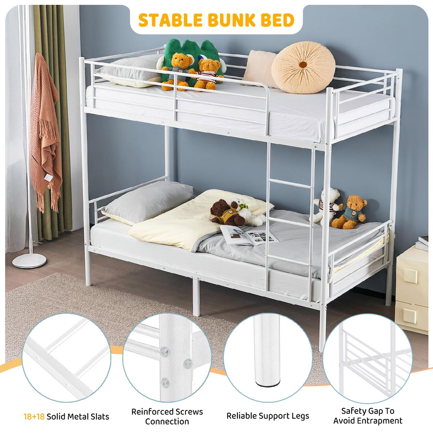 Bonnlo Metal Bunk Bed, Single over Single Loft Bed Frame with Ladder and Safety Guardrail