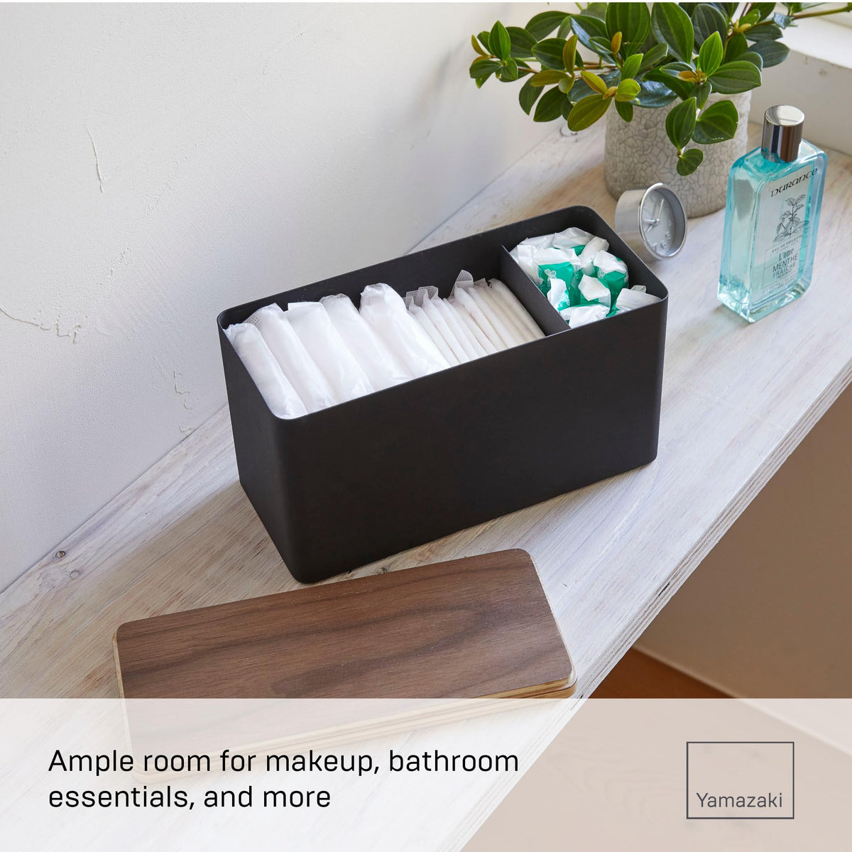 Yamazaki 4807 RIN Storage Box, black, Steel/Plywood, Minimalist, 23 x 10.5 x 14 cm