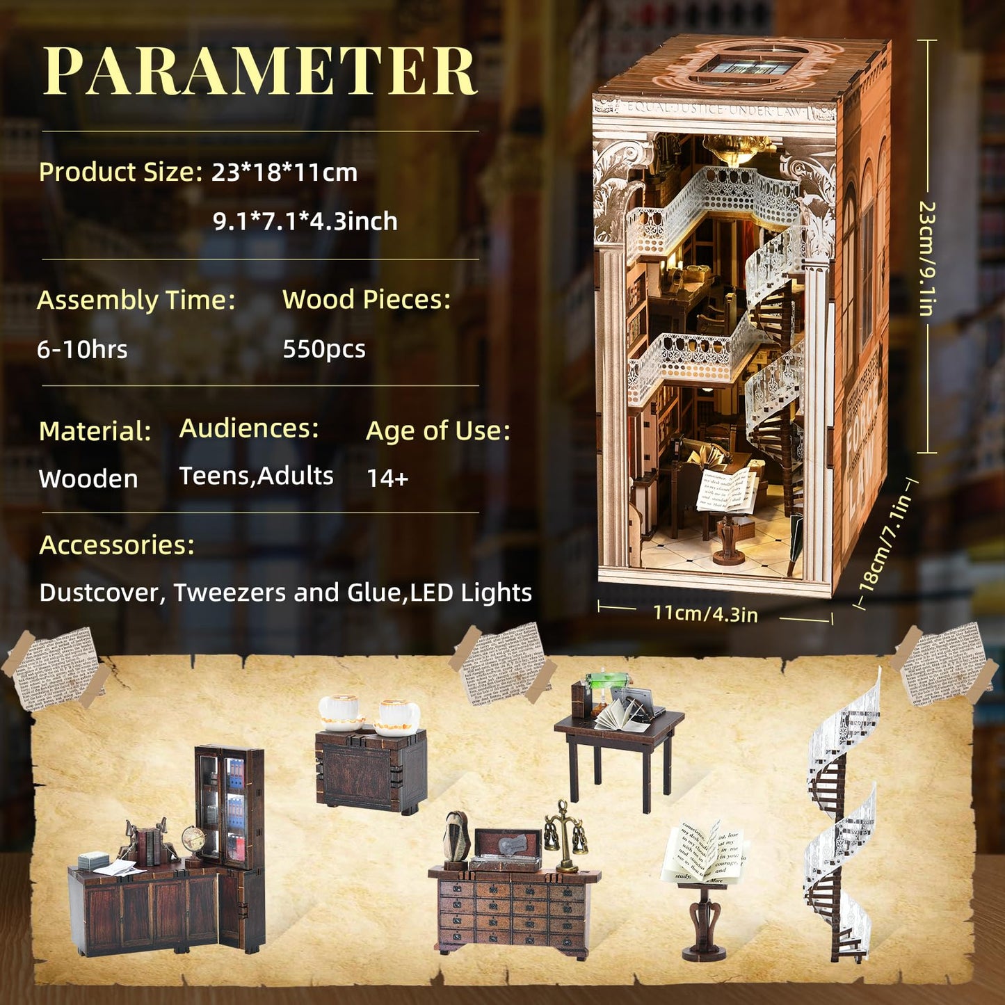 MiniCity 3D Wooden Puzzle Bookend Bookshelf Insert Decor with LED Light for Teens and Adults