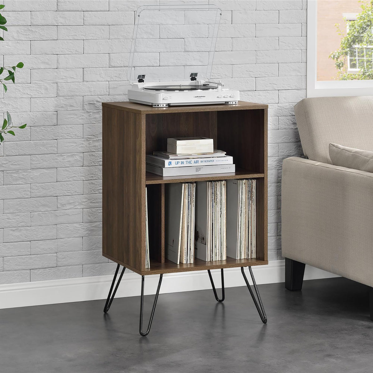 Ameriwood Harmony Turntable Stand with Hairpin Legs, Walnut Look, 86.61 cm (H) x 52.58 cm (W) x 45.72 cm (D)