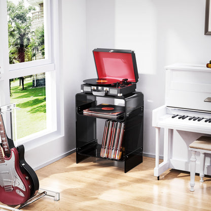 Acrylic Record Player Table with Storage Shelf, Clear Side Table, Nightstand (Black, 45×30×58 cm, Acrylic)