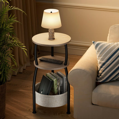 Yuede Round Side Table, 3 Tier Bedside Table, Small End Table with Fabric Basket, Coffee Table for Living Room, Bed Room, Small Space, Easy Assembly