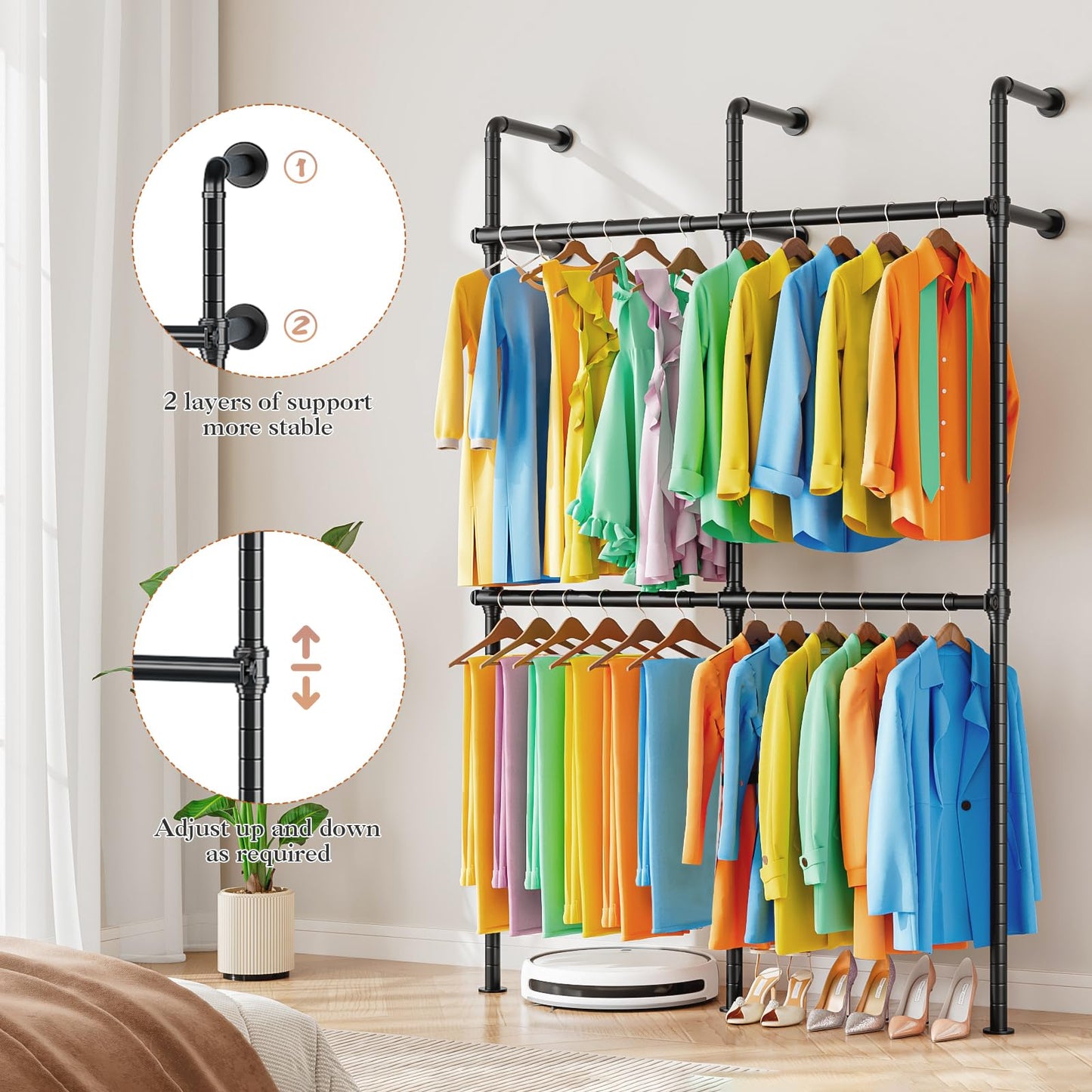 KZOBYD Extendable Wall Mounted Clothes Rails, Width 124 cm to 219 cm, Black
