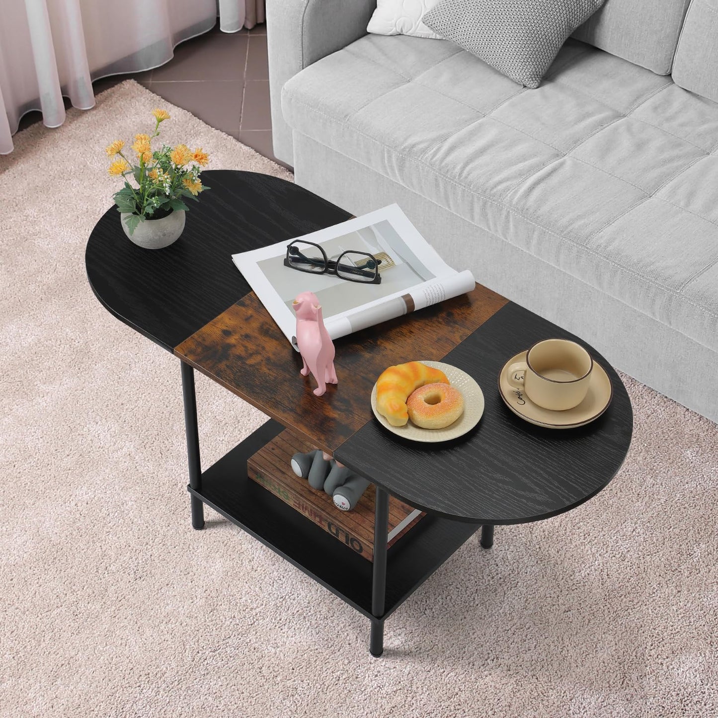 Shinoske Small Coffee Table Living Room Table Industrial Side Table Wood Coffee Table with Storage Shelf Metal Frame for Home Office, Brown & Black