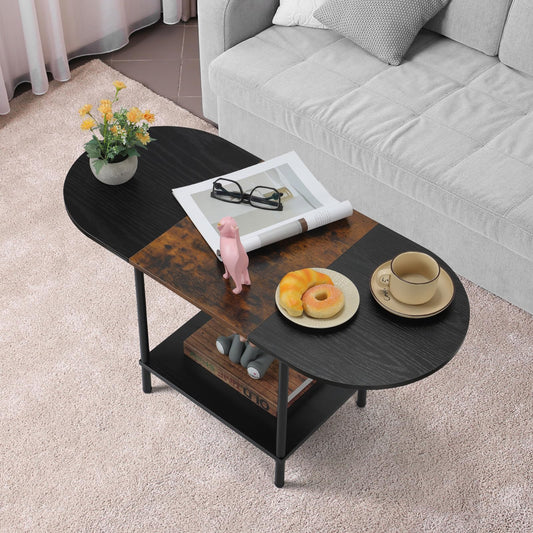 Shinoske Small Coffee Table Living Room Table Industrial Side Table Wood Coffee Table with Storage Shelf Metal Frame for Home Office, Brown & Black