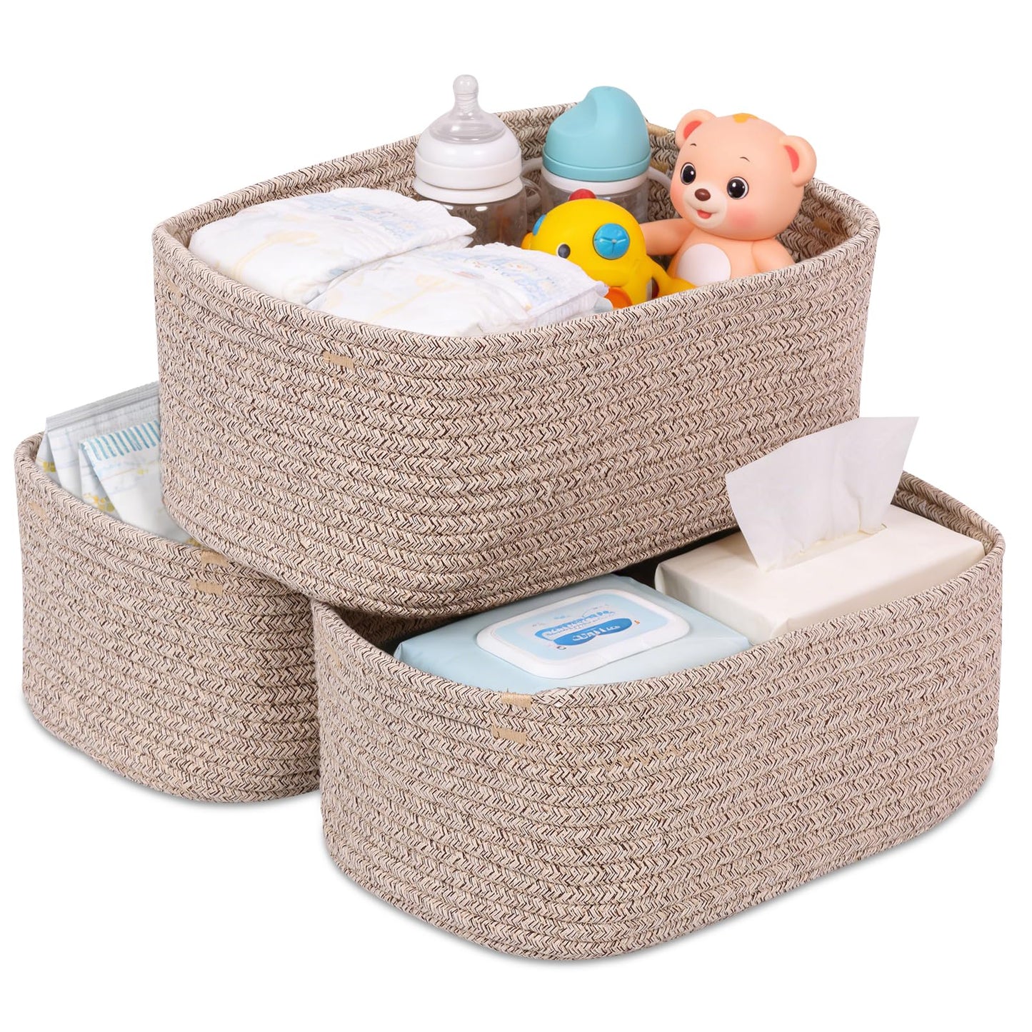 Set of 3 Storage Baskets for Shelves & Nursery, Cotton Rope Woven Basket with Hidden Handle, Empty Baby Gift Baskets