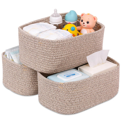 Set of 3 Storage Baskets for Shelves & Nursery, Cotton Rope Woven Basket with Hidden Handle, Empty Baby Gift Baskets