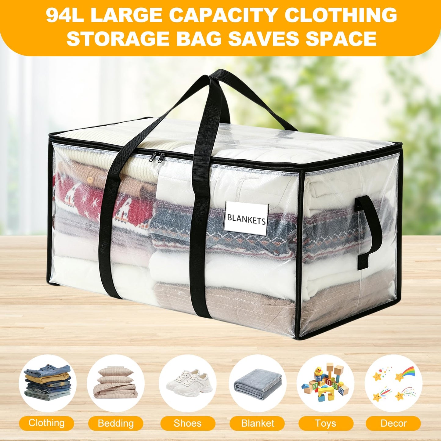 Storystore Large Moving Storage Bags 4 Pack, 94L Clear Storage Bag with Zippers & Handles, Heavy Duty Moving Boxes Packing Bags for College Dorm