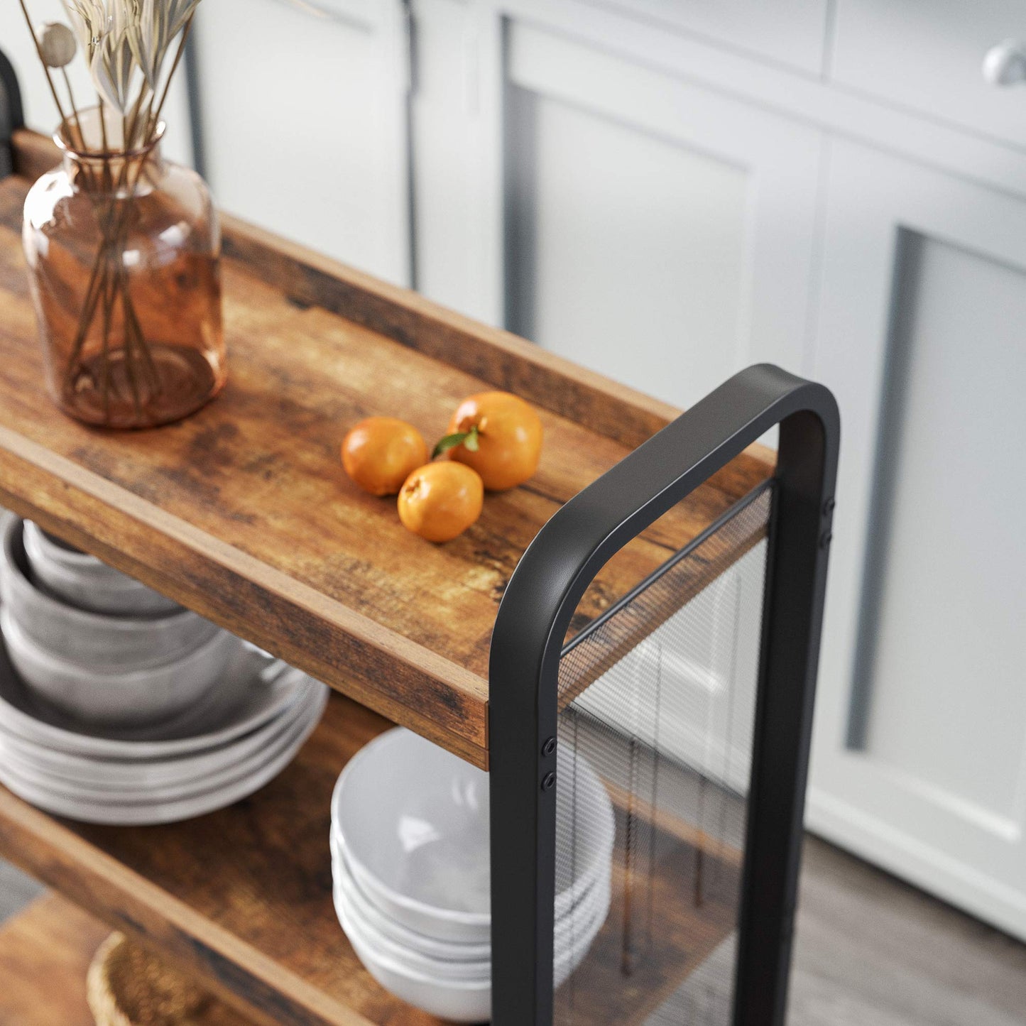 VASAGLE Industrial Style Lunch Trolley, Space-Saving Trolley Fixed or with Universal Wheels, Kitchen Shelf with Iron Frame, 66 x 26 x 85 cm, Vintage Brown LRC66BX