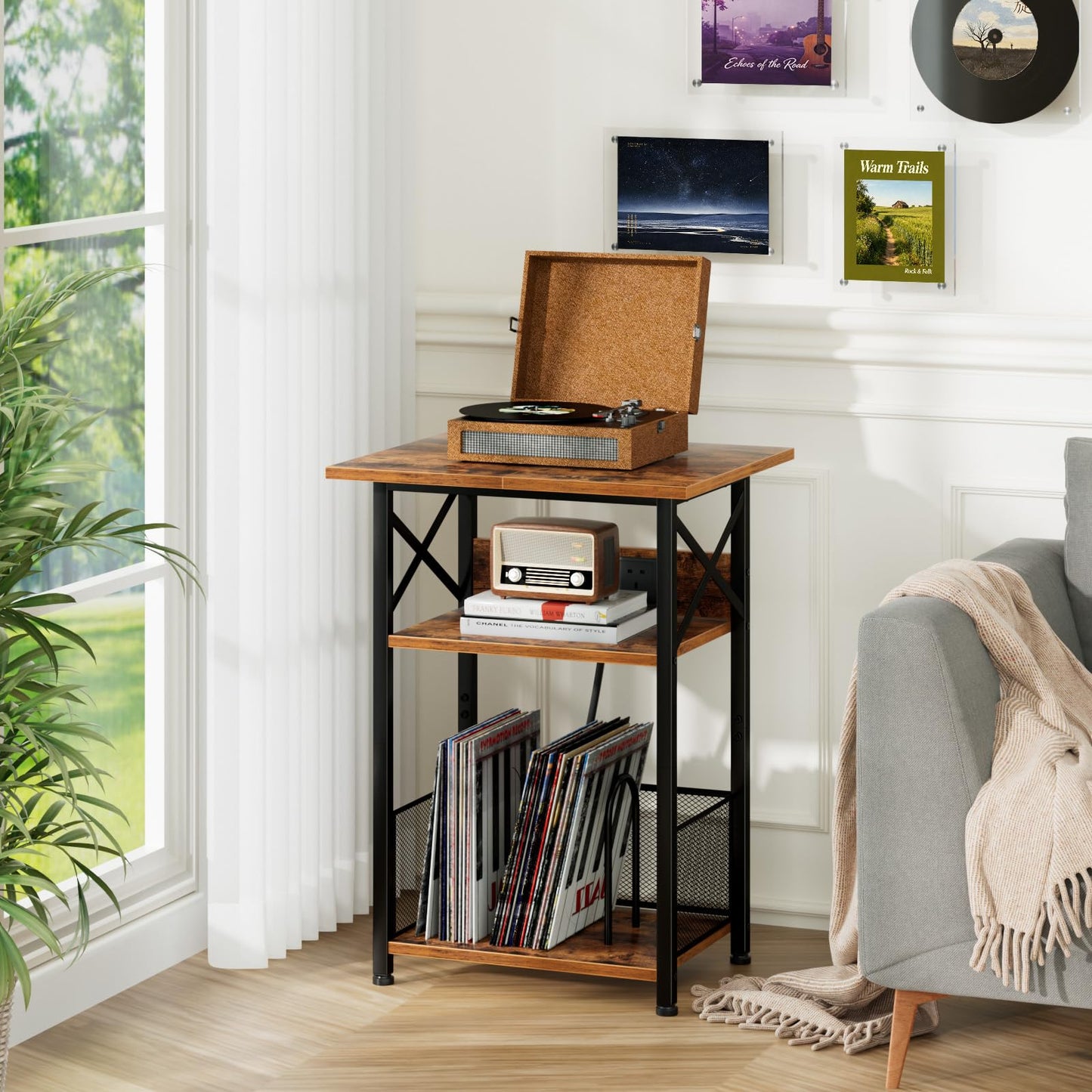 AMHANCIBLE Record Player Stand with Charging Station, Vinyl Record Storage