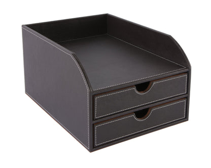 OSCO Brown Faux Leather 2 Tier Sorter with Letter Tray | A4 | Drawers | Desk Tidy | Document Storage | Paperwork Organiser | File Holder | 35 x 25 x