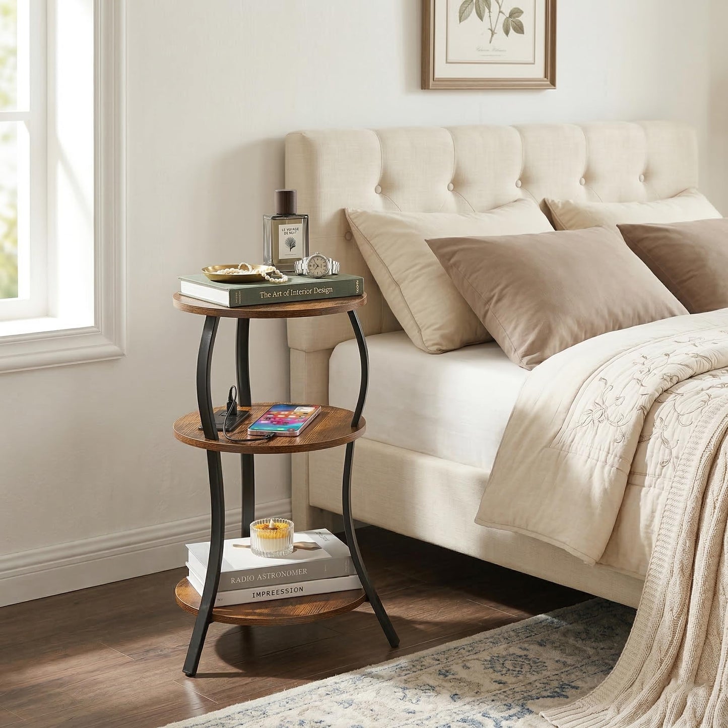 YEAKOO Small Side Table with Charging Station,3-Tier Round end Table