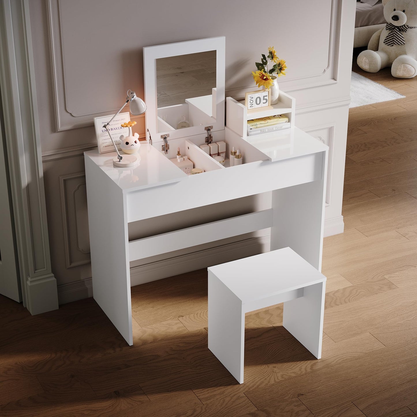 ELEGANT Dressing Table with Flip-Up Mirror and Stool, Vanity Desk with Hidden Storage for Cosmetics & Jewelry, White Makeup Table, Convertible Writing