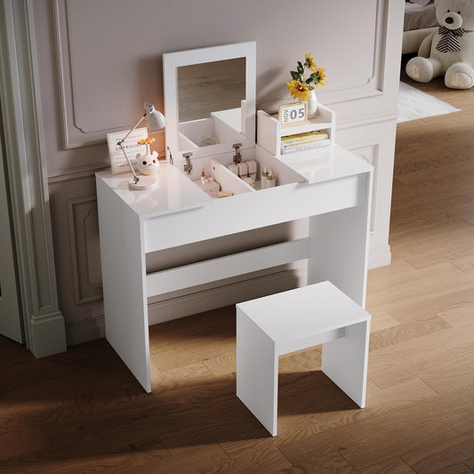 ELEGANT Dressing Table with Flip-Up Mirror and Stool, Vanity Desk with Hidden Storage for Cosmetics & Jewelry, White Makeup Table, Convertible Writing