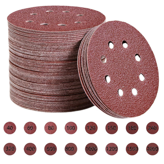 Toowood 200pcs 125mm Sanding Discs, 8-Hole Dustless Hook & Loop sand paper, 40-2000 Multi-Grit Professional Abrasive Discs for Orbital Sander,