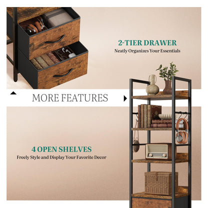 YITAHOME Industrial Bookshelf, 4-Tier Bookcase with Adjustable Shelves & 2 Fabric Drawers