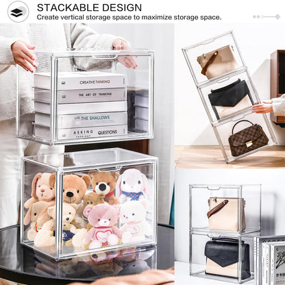 LINYAPRY Set of 4 Plastic Purse Storage Organizer for Closet, Acrylic Display Case for Purse and Handbag, Stackable Storage Boxes Organizer with