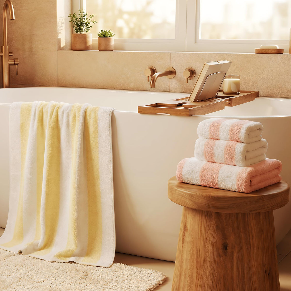 Vie TRIOMPHE Luxury Striped Bath Towel Set of 6 100% Long Staple Cotton Zero Twist Soft Lightweight Absorbent Quick Dry Pink Yellow