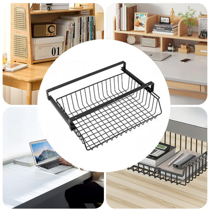 FUNSUEI No-Drill Under Desk Storage Basket, Black Slide-Out Self Adhesive Drawer, Metal Storage Basket for Office, Home, 37× 23.5 ×11 cm